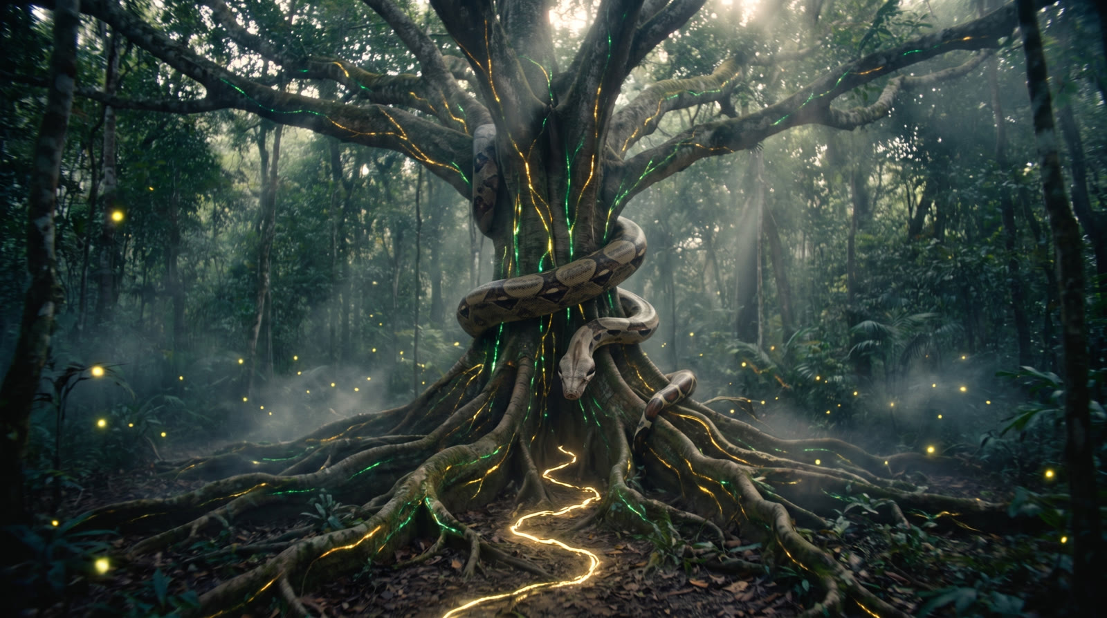 Árvore ancestral com jiboia e trilha de luz na floresta