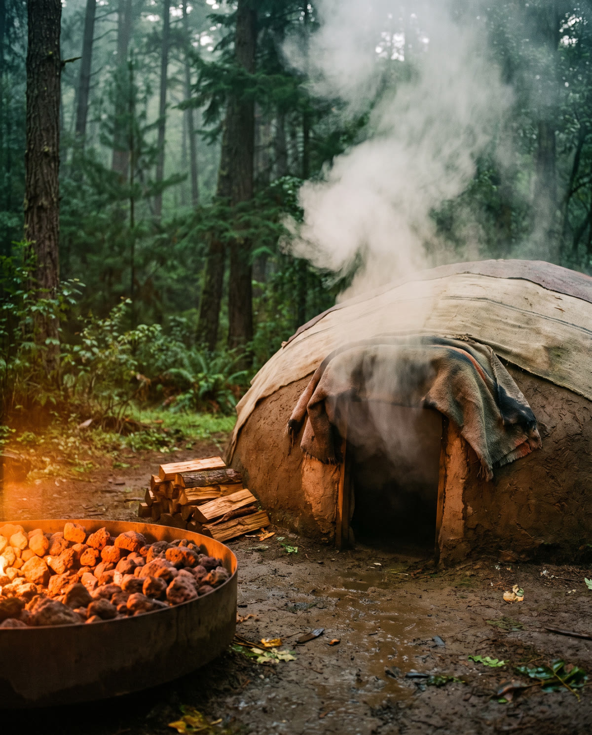 Temazcal com vapor e pedras aquecidas à noite
